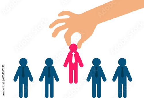 Hand picking up perfect candidate among many people, job recruitment concept illustration