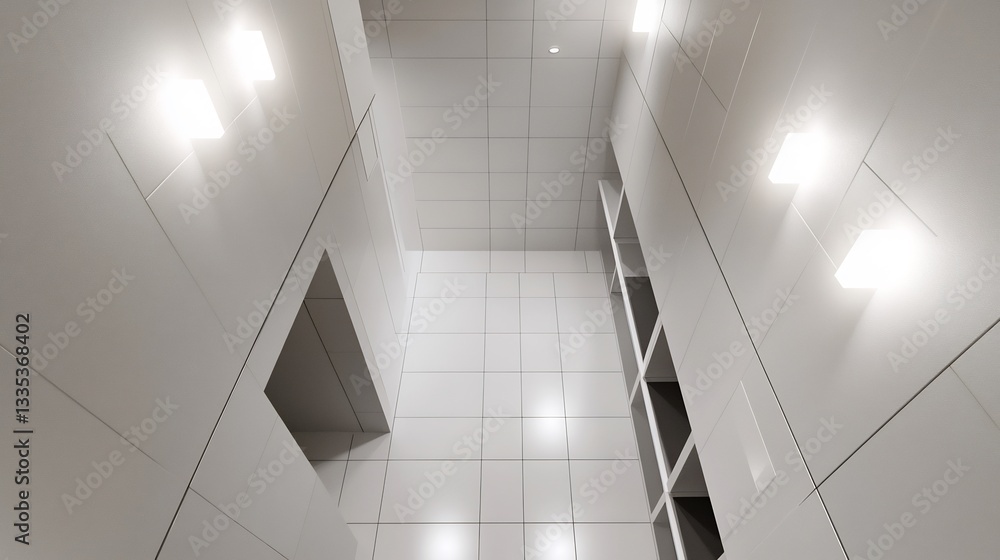 Fototapeta premium Topdown view of minimalist hallway with monochrome tiles sleek builtin shelving and recessed lighting along the walls