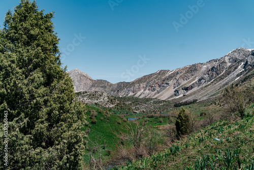 Breathtaking Kyrgyzstan landscape showcasing majestic mountains under clear blue skies