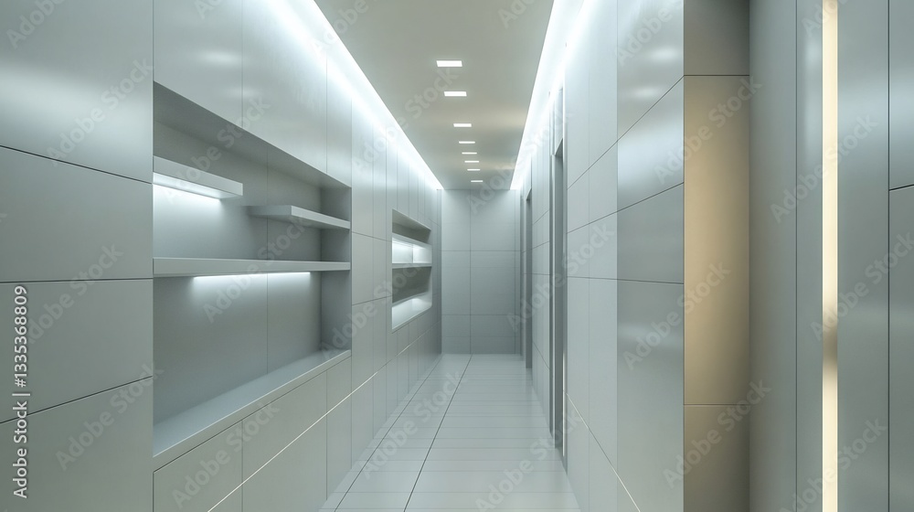 Topdown view of minimalist hallway with monochrome tiles sleek builtin shelving and recessed lighting along the walls Topdown view of minimalist hallway with monochrome tiles sleek builtin shelving and recessed lighting along the walls
