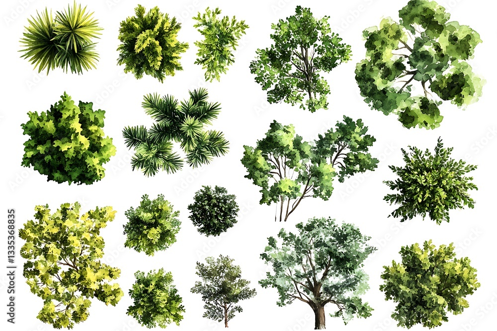 Fototapeta premium Various green trees, bushes and shrubs, top view for landscape design plan. Vector watercolor illustration, isolated on white background.