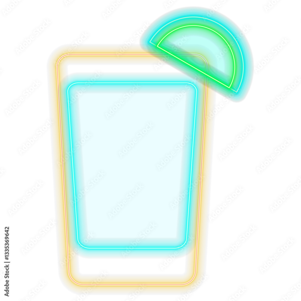 Neon icon set. Beach cocktails tequila, wine and mojito in glass goblets, ice cream, palm trees and sea made from neon lamps with lighting
