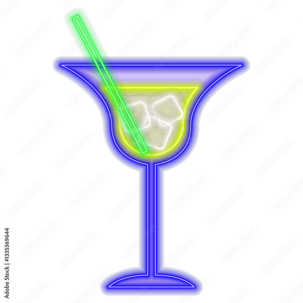 Neon sign of a cocktail glowing in a glass on a black background. Fluorescent bright signboard featuring a party drink. Illuminated symbol of a beverage. Shiny signage ideal for a bar or club.