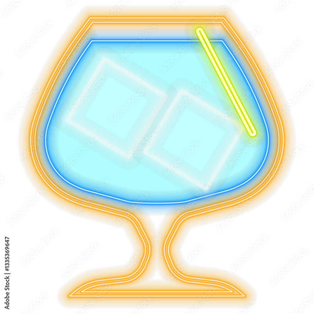 A stylized neon pop art icon of a cocktail glass on a black background