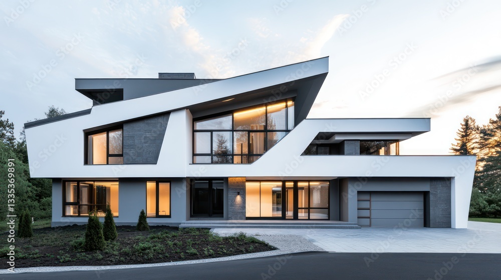 A futuristic modern home with sharp geometric angles and a white and gray exterior A futuristic modern home with sharp geometric angles and a white and gray exterior
