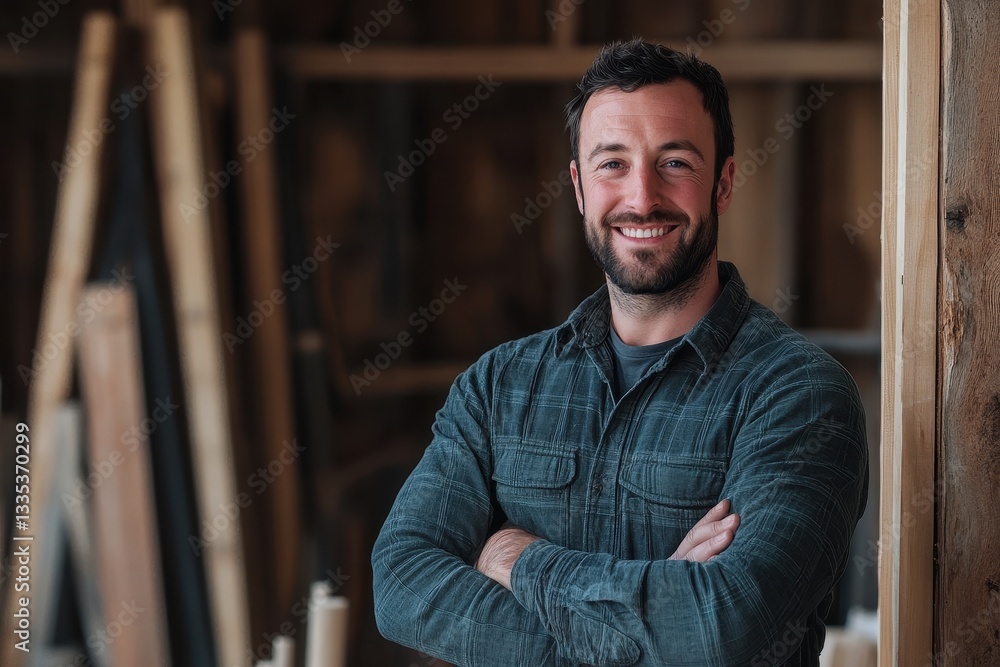 Self assured carpenter with crossed arms poses for the camera embodying professionalism and success Self assured carpenter with crossed arms poses for the camera embodying professionalism and success