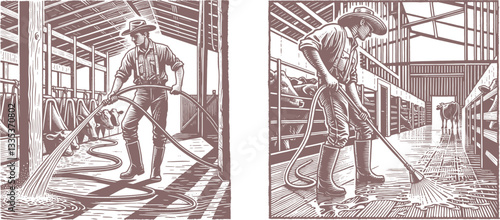 old color Cowboy Cleaning Floor of Cowshed with Hose Pipe | Engraved Linocut Art in Farm Theme cowboy, cleaning cowshed, hose pipe, linocut, woodcut, clean line art, detailed illustration