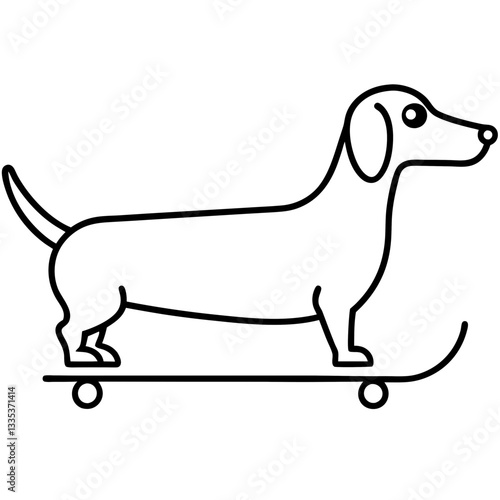 A black and white minimalist line art illustration of a dachshund dog standing confidently on a skateboard