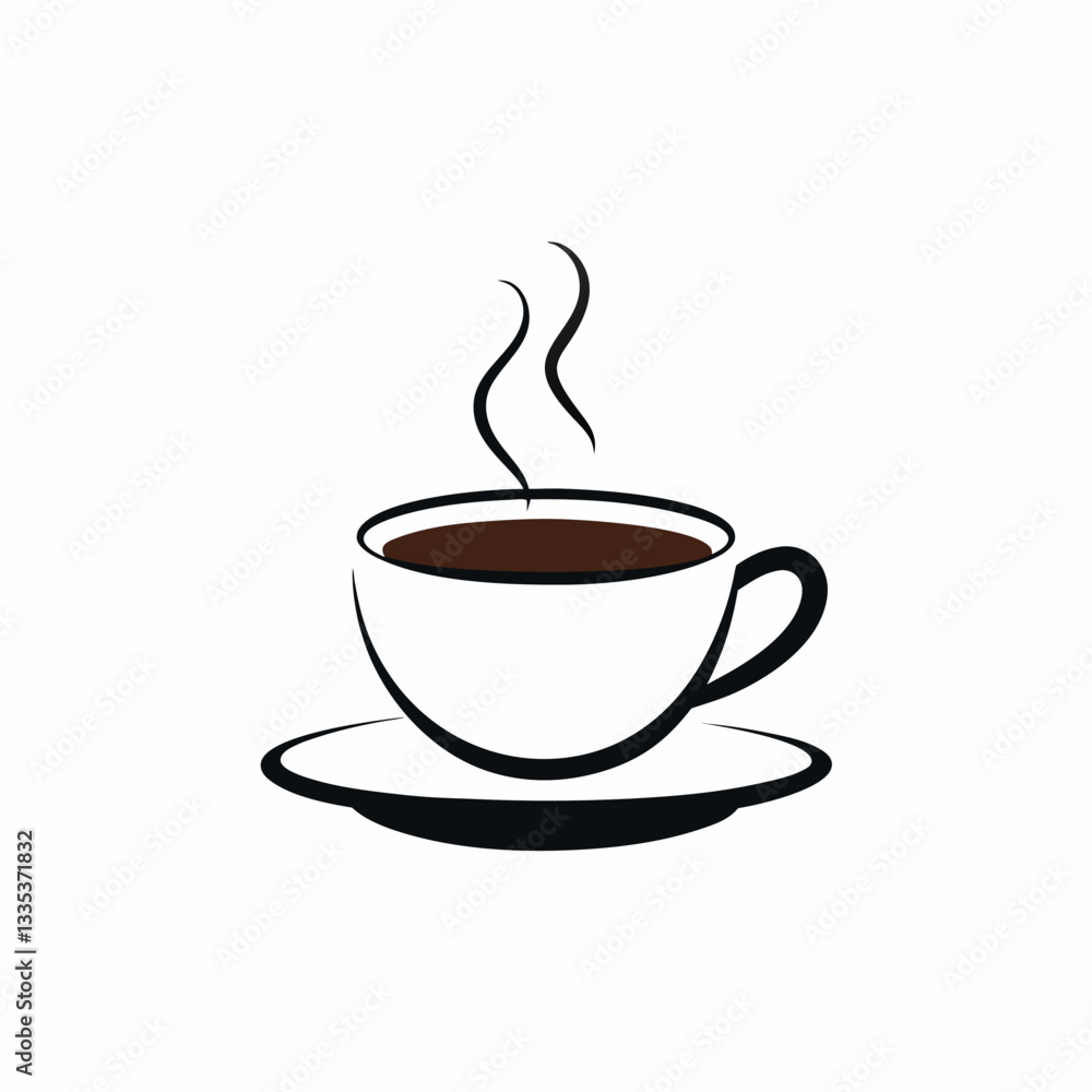 A clean and minimalistic black-and-white line art illustration of a steaming coffee cup on a saucer A clean and minimalistic black-and-white line art illustration of a steaming coffee cup on a saucer
