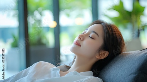 Free Download A relaxed young woman resting indoors with eyes closed serenely - GFXLoad