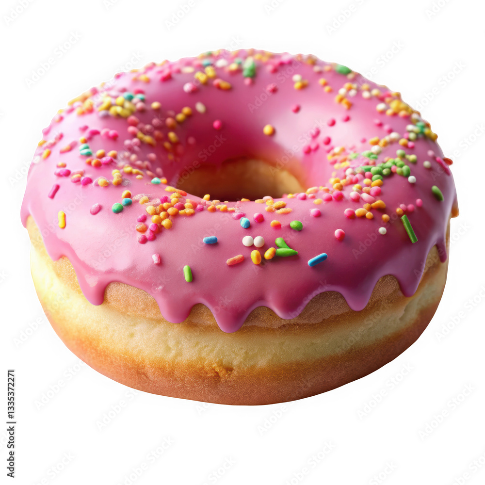 Delicious pink frosted donut topped with colorful sprinkles, perfect for any sweet tooth craving. Delicious pink frosted donut topped with colorful sprinkles, perfect for any sweet tooth craving.