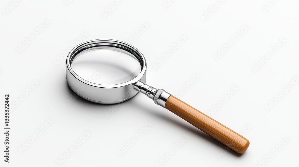 Silver Magnifying Glass with Wooden Handle on White Background Silver Magnifying Glass with Wooden Handle on White Background