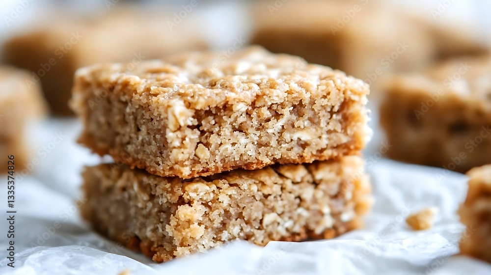 Two oat bars stacked on parchment paper, others blurred in background. Two oat bars stacked on parchment paper, others blurred in background.