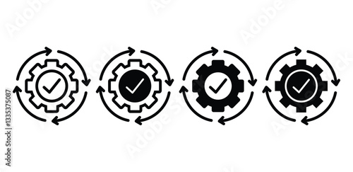 Gear with Check Mark in Circular Arrow Vector Design Black White Color Illustration Sets