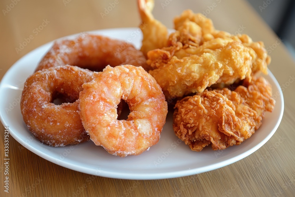 Shrimp donut and chicken on white plate atop wooden table Shrimp donut and chicken on white plate atop wooden table