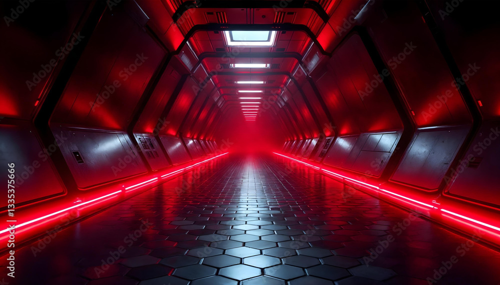 Obraz premium 3d Futuristic empty dark tunnel background with red light