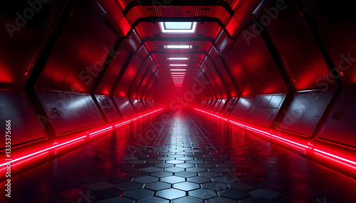 Fototapeta Naklejka Na Ścianę i Meble -  3d Futuristic empty dark tunnel background with red light