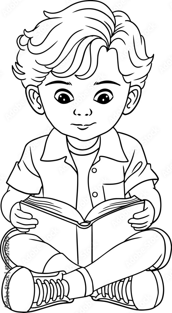 boy is sitting reading a book line vector illustration isolated on white background boy is sitting reading a book line vector illustration isolated on white background