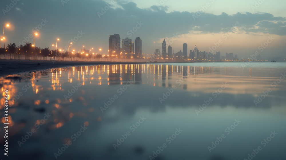 City Skyline Reflected in Calm Dawn Water City Skyline Reflected in Calm Dawn Water