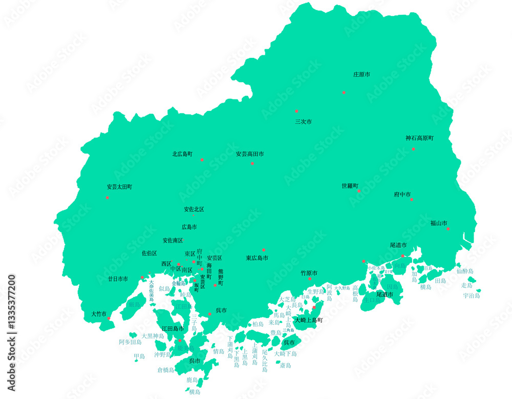 Obraz premium 広島県 地図 グリーン 斑点 イラスト