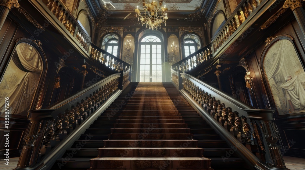 Obraz premium Grand Staircase with Ornate Railings and Chandelier in Luxurious Interior Perfect for Luxury