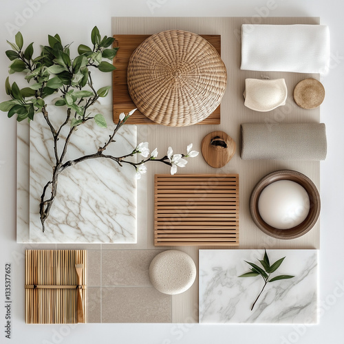 create a realistic japandi interior design mood board with wood, fabrics, marble tiles and plants with light colours 