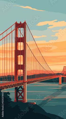 Golden Gate Bridge Sunset Illustration in Minimalist Vector Style for Travel Poster