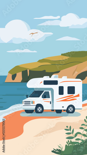 Retro RV Road Trip Along Nazare Portugal Coastline - Van Life Vacation Seaside Landscape