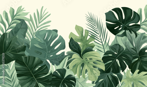 Tropical Minimalist Abstract Foliage Vector: Monstera and Palm Leaves Pattern Background
