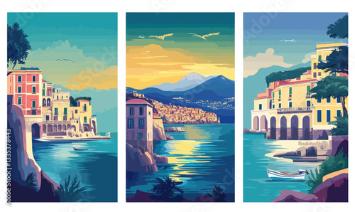 Retro Italy Travel Posters: Naples and Sorrento Seascape for European Summer Vacations