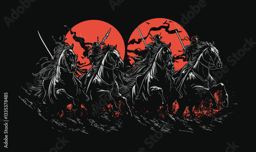 Apocalyptic Horsemen Vector Illustration for T-Shirt with Dark Red Sun Theme