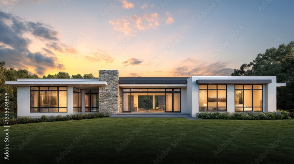 Fototapeta premium A minimalist single-story home with expansive windows and stone accents, sitting gracefully on a verdant landscape