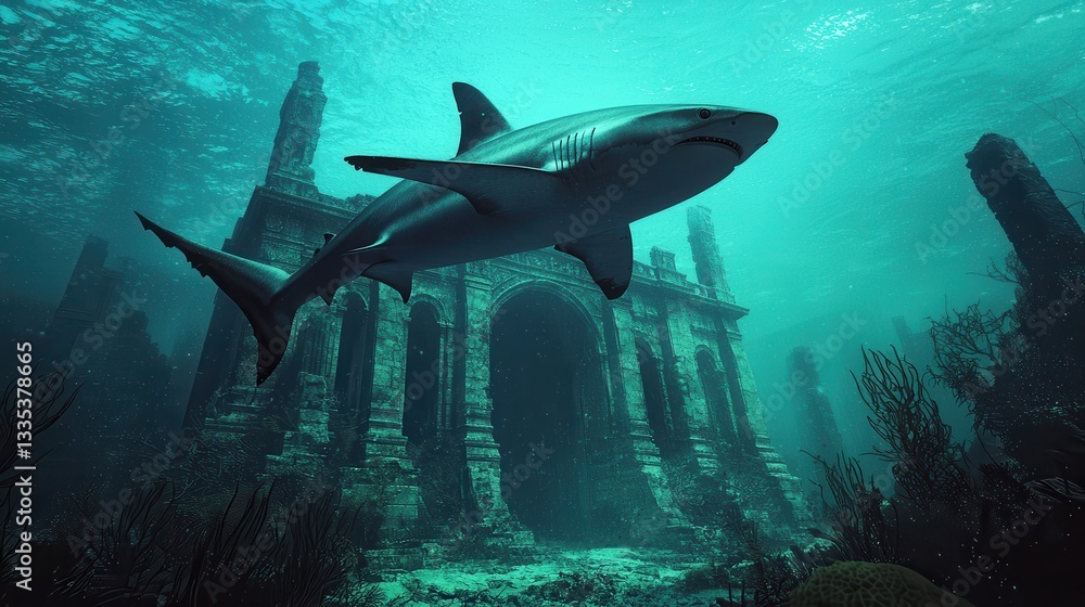 Obraz premium A majestic shark swims gracefully near an ancient underwater structure, surrounded by vibrant marine life in a mesmerizing deep blue ocean.