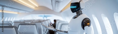 Robotic AI steward assisting passengers inside a fully automated futuristic airplane