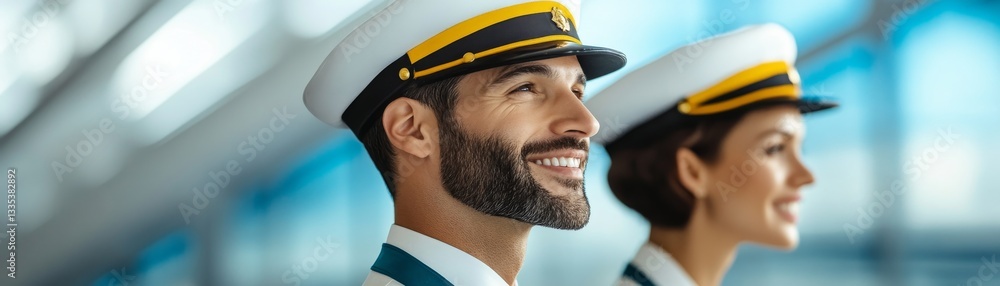 Fototapeta premium Retro airline aircrew in a 1960s-themed airport, glamorous vintage travel aesthetic