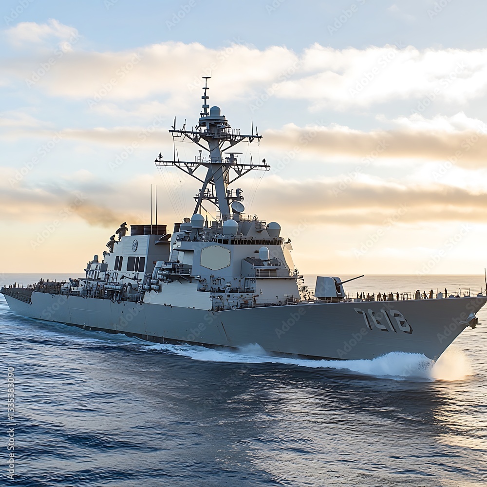 A large gray warship navigating through open water under a cloudy sky A large gray warship navigating through open water under a cloudy sky