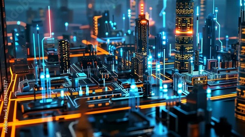 Futuristic Cityscape Illuminated with Vibrant Neon Lights and Intricate Circuit Patterns Showcasing Technology and Urban Architecture Digital Metropolis with Glowing Skyscrapers and Dynamic