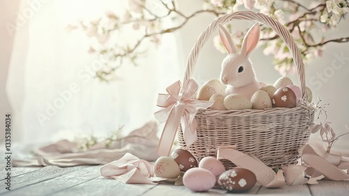 A cozy 3D-rendered Easter basket filled with chocolate eggs, a plush bunny, and delicate ribbons, all in soft pastel tones, radiating warmth and festive charm.