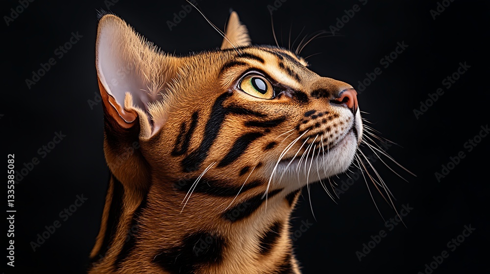 Close-up of a Bengal cat looking up against a black background. Close-up of a Bengal cat looking up against a black background.