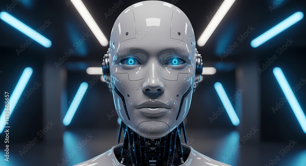 Advanced Humanoid Robot with Glowing Blue Eyes Looking at the Camera Advanced Humanoid Robot with Glowing Blue Eyes Looking at the Camera