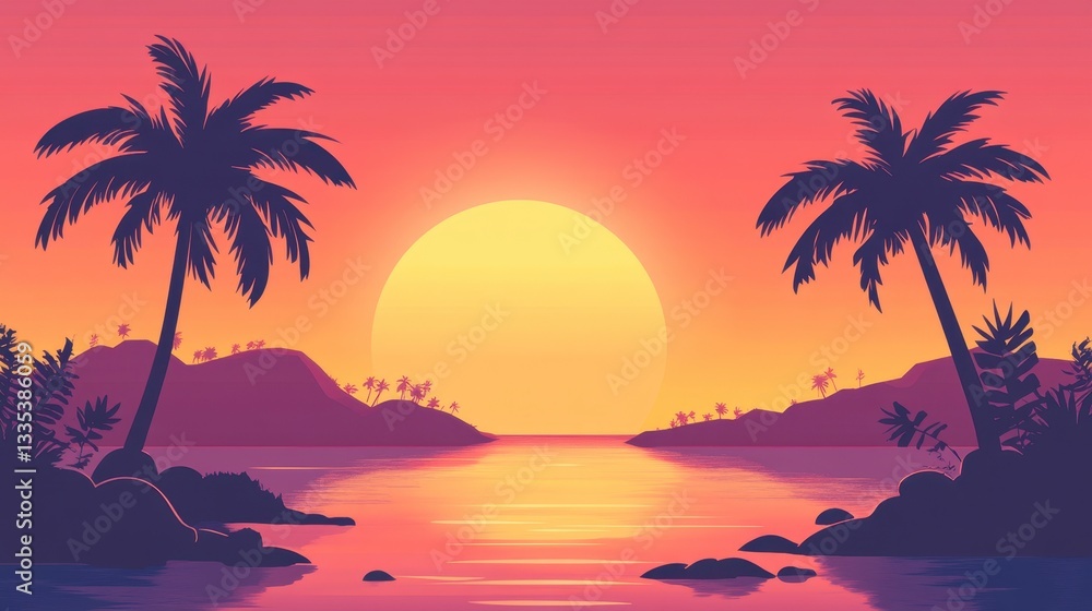Serene Tropical Sunset Silhouetted Palm Trees on a Calm Ocean Serene Tropical Sunset Silhouetted Palm Trees on a Calm Ocean