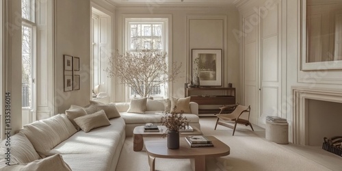 A bright and neutral living room space with soft furnishings throughout