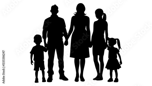 Black Silhouette of a Family with Parents and Two Children Holding Hands – Vector Illustration for Family, Parenting, and Relationship Concepts
