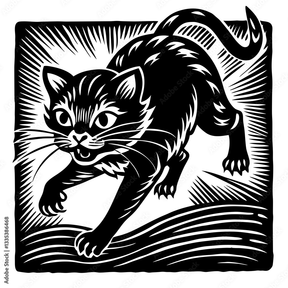 Obraz premium a black cat with fierce gaze leaping forward in dynamic motion, woodcut style