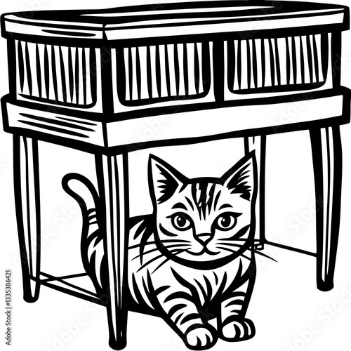 a cute cat hiding under a vintage table, with playful, curious eyes