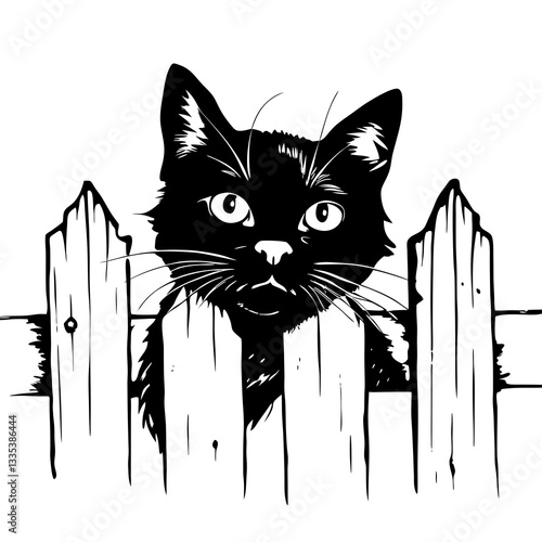curious black cat peering through a wooden fence