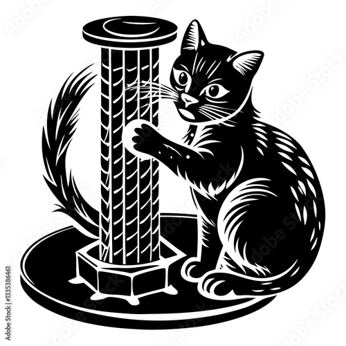 an illustration of a playful black cat scratching a post 