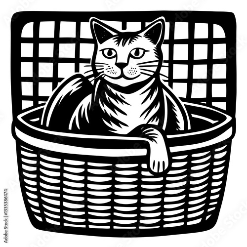 an adorable cat sitting comfortably in a basket, looking inquisitive and relaxed