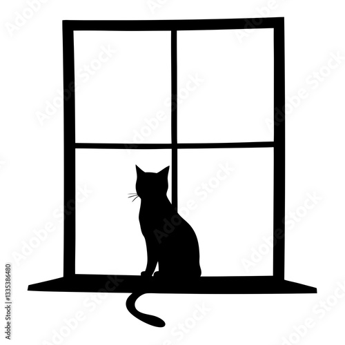 a silhouette of a cat sits on the window, gazing outside, evoking a sense of curiosity and introspection