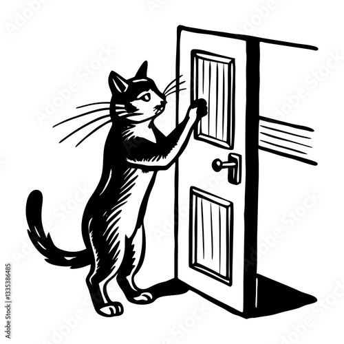 a curious cat pawing at a door, wanting to go outside